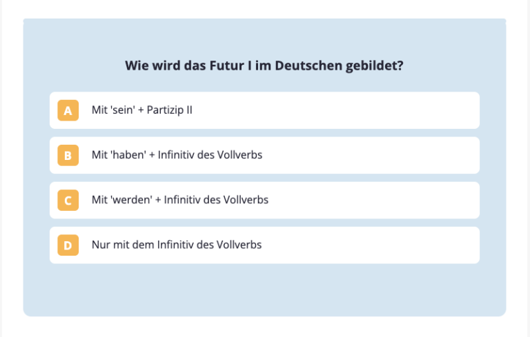 Screenshot image of a grammar quiz about the future 1 tense in German.